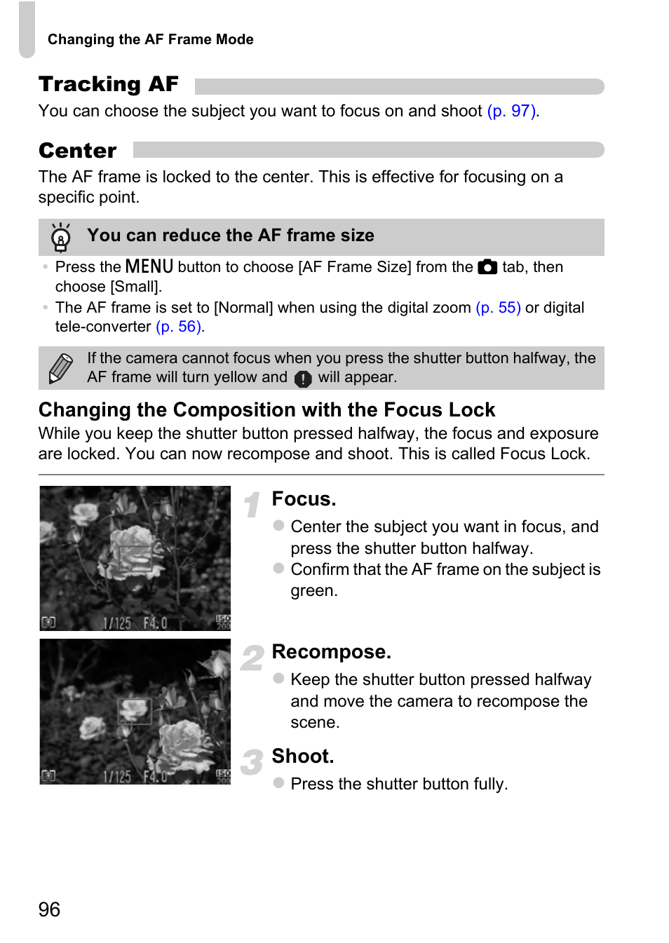 Tracking af, Center, Changing the composition with the focus lock | Focus, Recompose, Shoot | Canon IXUS 115 HS User Manual | Page 96 / 209