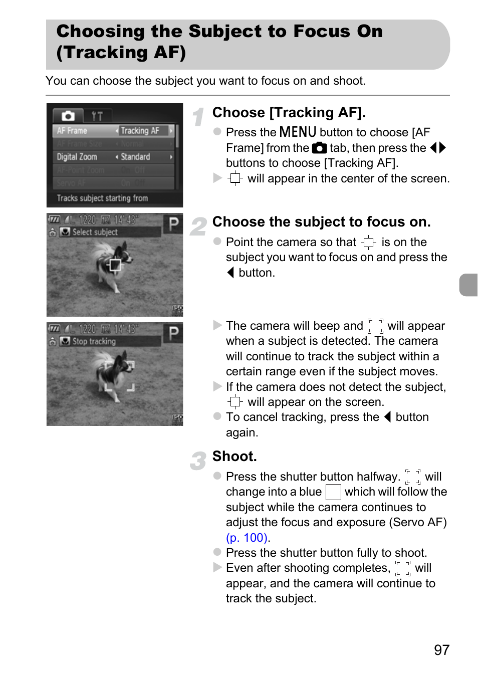 Choosing the subject to focus on (tracking af), Choosing the subject to, Focus on (tracking af) | P. 97), Choose [tracking af, Choose the subject to focus on, Shoot | Canon IXUS 115 HS User Manual | Page 97 / 209