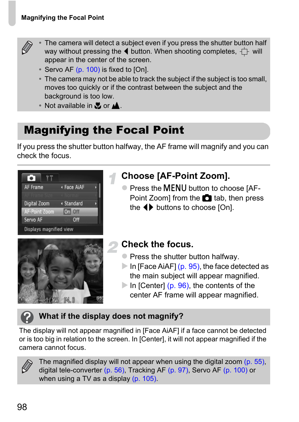 Magnifying the focal point, Choose [af-point zoom, Check the focus | Canon IXUS 115 HS User Manual | Page 98 / 209