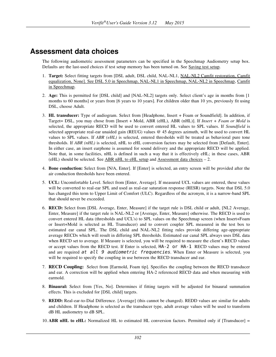 Assessment data choices | Audioscan Verifit User Manual | Page 102 / 155