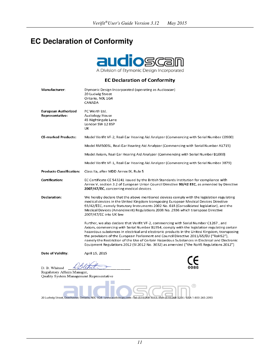 Ec declaration of conformity | Audioscan Verifit User Manual | Page 11 / 155