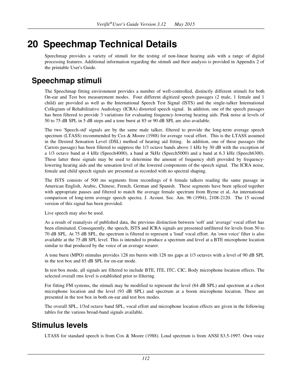 20 speechmap technical details, Speechmap stimuli, Stimulus levels | Audioscan Verifit User Manual | Page 112 / 155