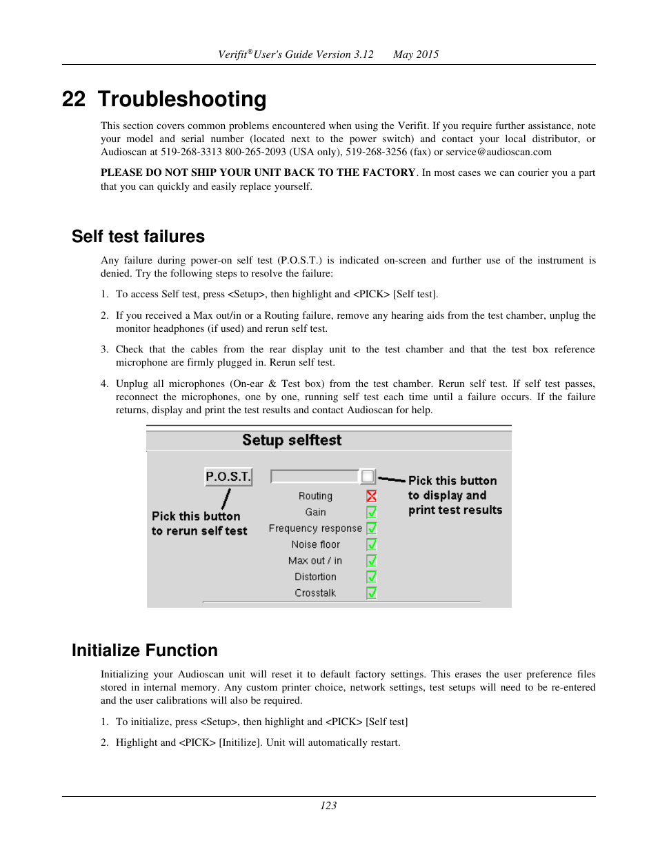 22 troubleshooting, Self test failures, Initialize function | Audioscan Verifit User Manual | Page 123 / 155