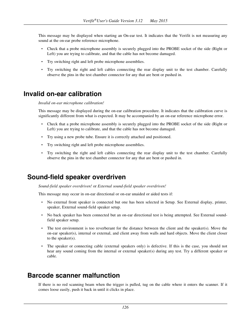 Invalid on-ear calibration, Sound-field speaker overdriven, Barcode scanner malfunction | Audioscan Verifit User Manual | Page 126 / 155