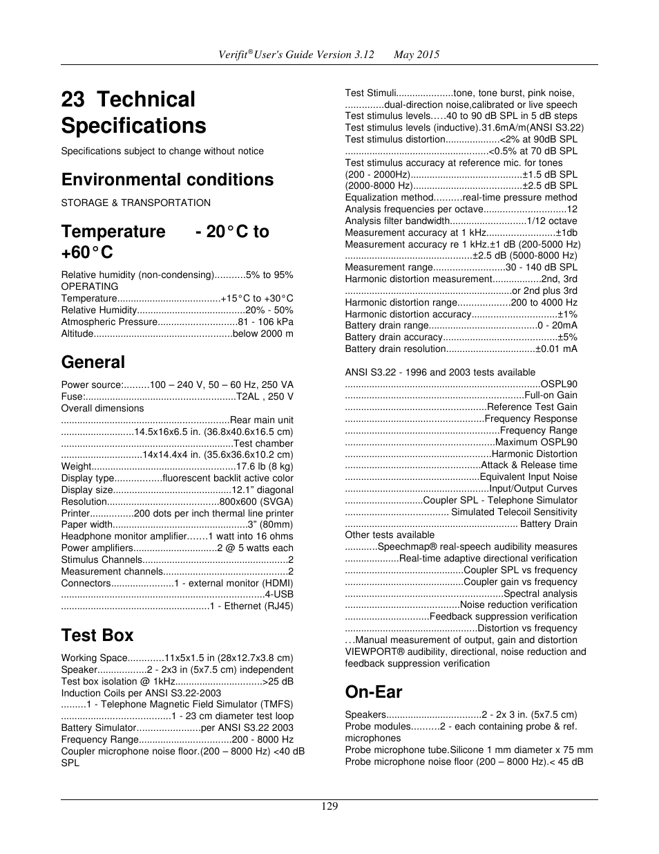 23 technical specifications, Environmental conditions, Temperature - 20°c to +60°c | General, Test box, On-ear | Audioscan Verifit User Manual | Page 129 / 155
