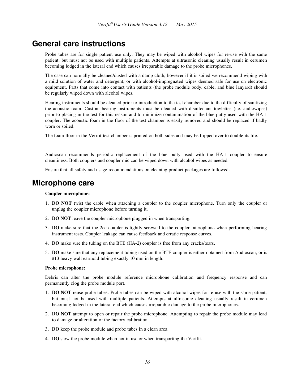 General care instructions, Microphone care | Audioscan Verifit User Manual | Page 16 / 155