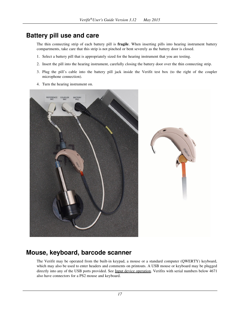 Battery pill use and care, Mouse, keyboard, barcode scanner | Audioscan Verifit User Manual | Page 17 / 155