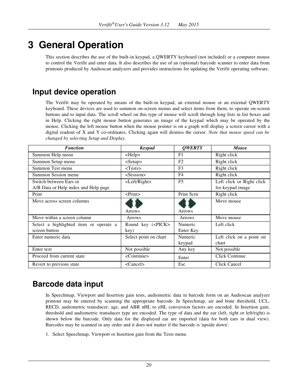 3 general operation, Input device operation, Barcode data input | Audioscan Verifit User Manual | Page 20 / 155