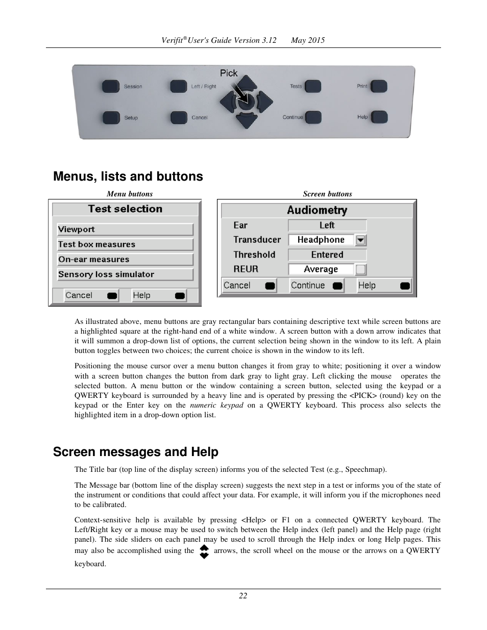 Menus, lists and buttons, Screen messages and help | Audioscan Verifit User Manual | Page 22 / 155