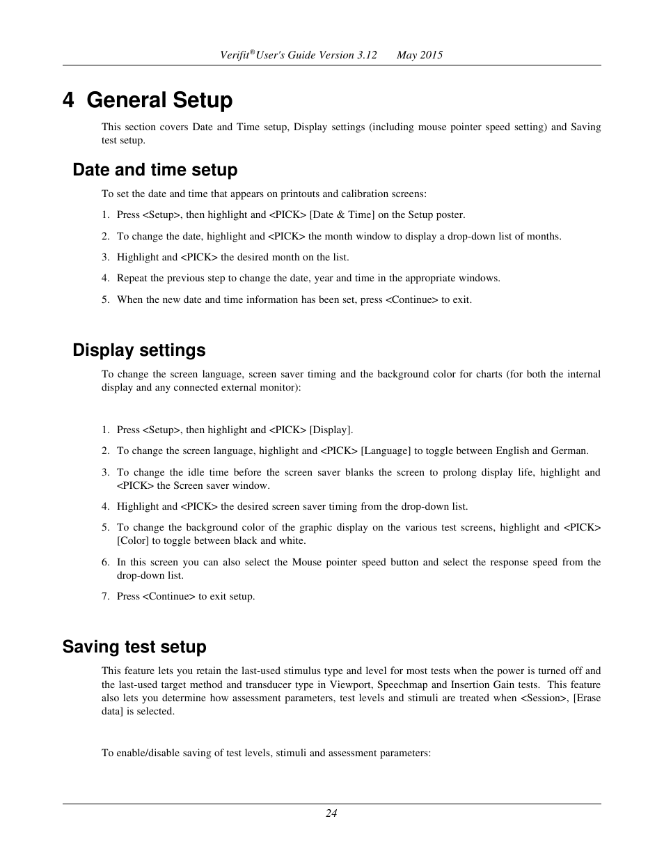 4 general setup, Date and time setup, Display settings | Saving test setup | Audioscan Verifit User Manual | Page 24 / 155