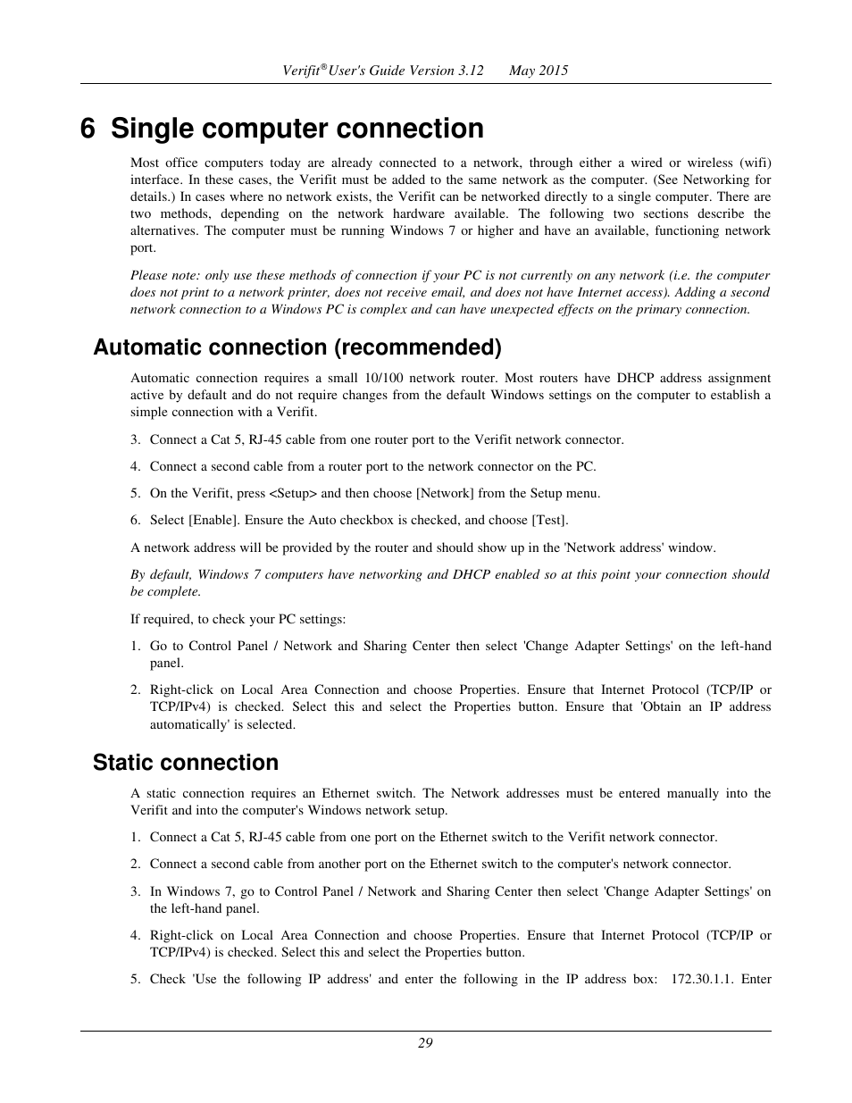 6 single computer connection, Automatic connection (recommended), Static connection | Audioscan Verifit User Manual | Page 29 / 155