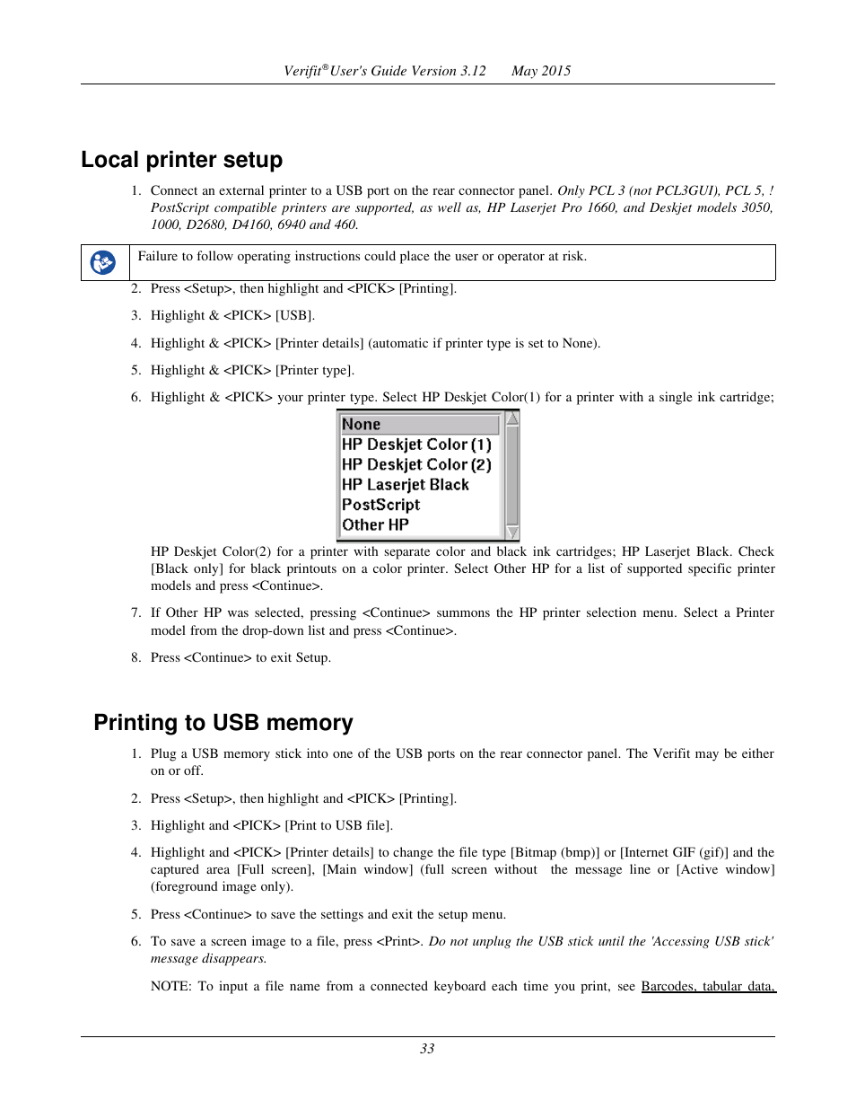 Local printer setup, Printing to usb memory | Audioscan Verifit User Manual | Page 33 / 155