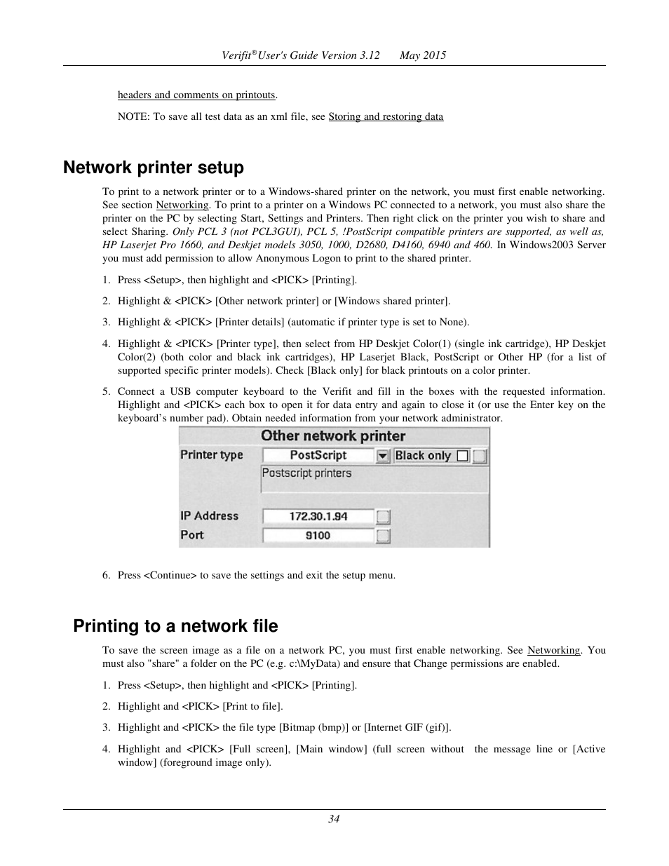 Network printer setup, Printing to a network file | Audioscan Verifit User Manual | Page 34 / 155