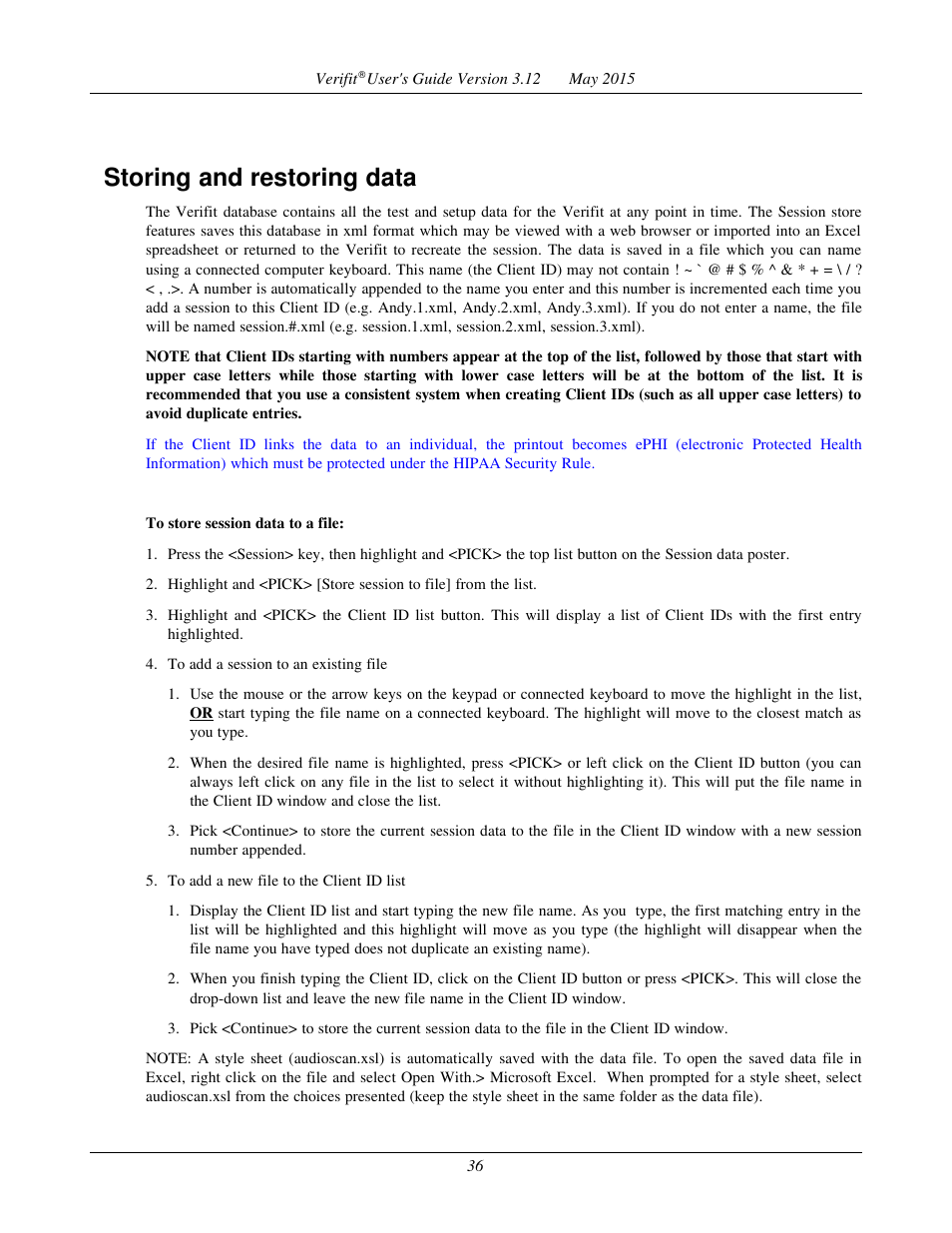 Storing and restoring data | Audioscan Verifit User Manual | Page 36 / 155