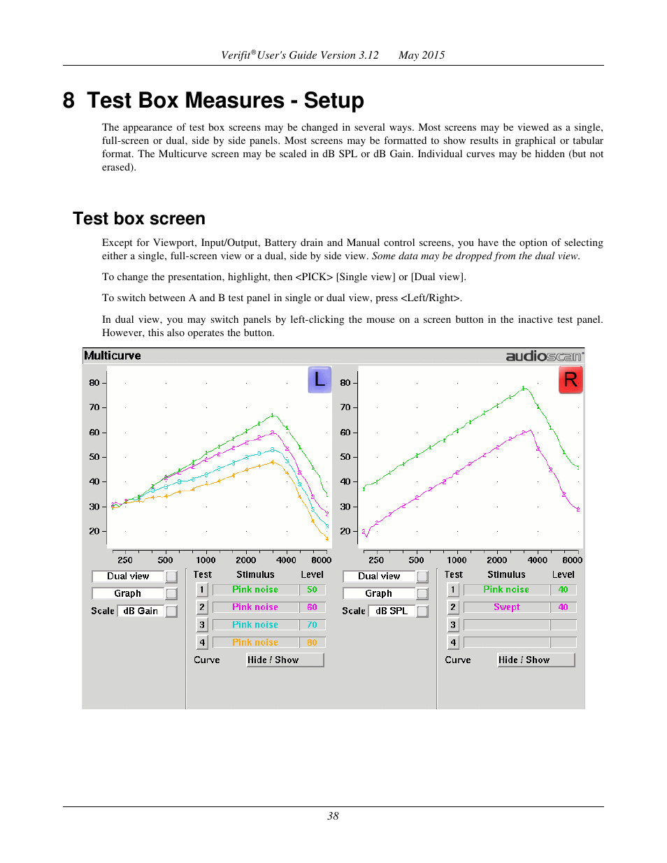 8 test box measures - setup, Test box screen | Audioscan Verifit User Manual | Page 38 / 155