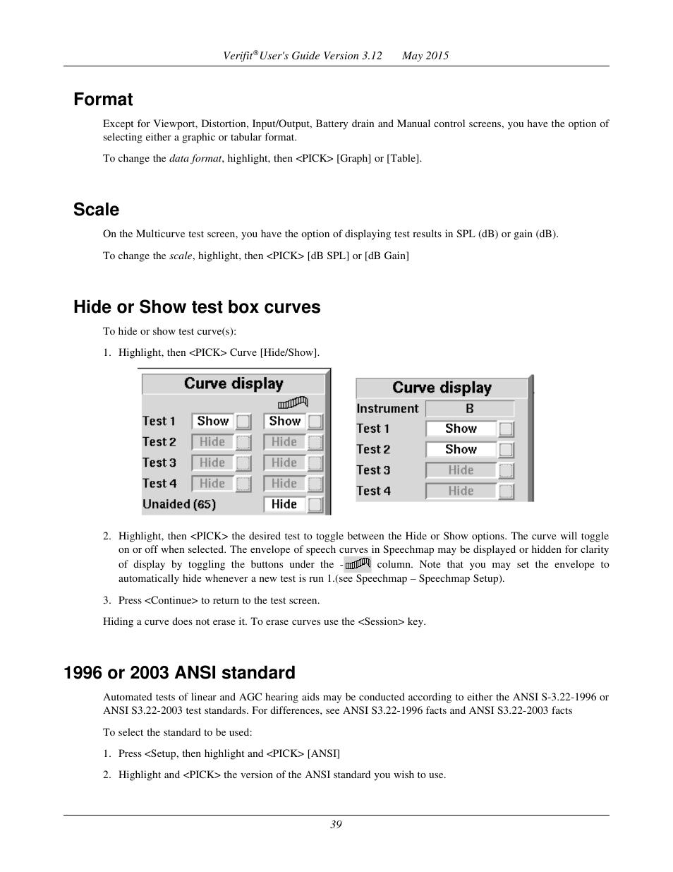 Format, Scale, Hide or show test box curves | 1996 or 2003 ansi standard | Audioscan Verifit User Manual | Page 39 / 155