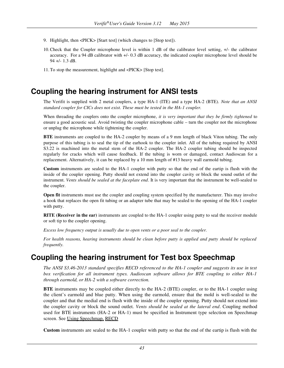 Coupling the hearing instrument for ansi tests | Audioscan Verifit User Manual | Page 43 / 155