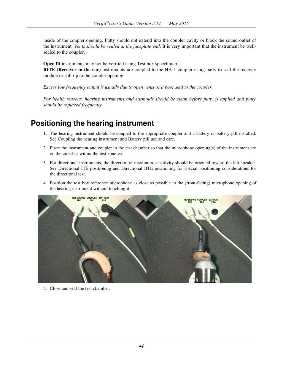 Positioning the hearing instrument | Audioscan Verifit User Manual | Page 44 / 155