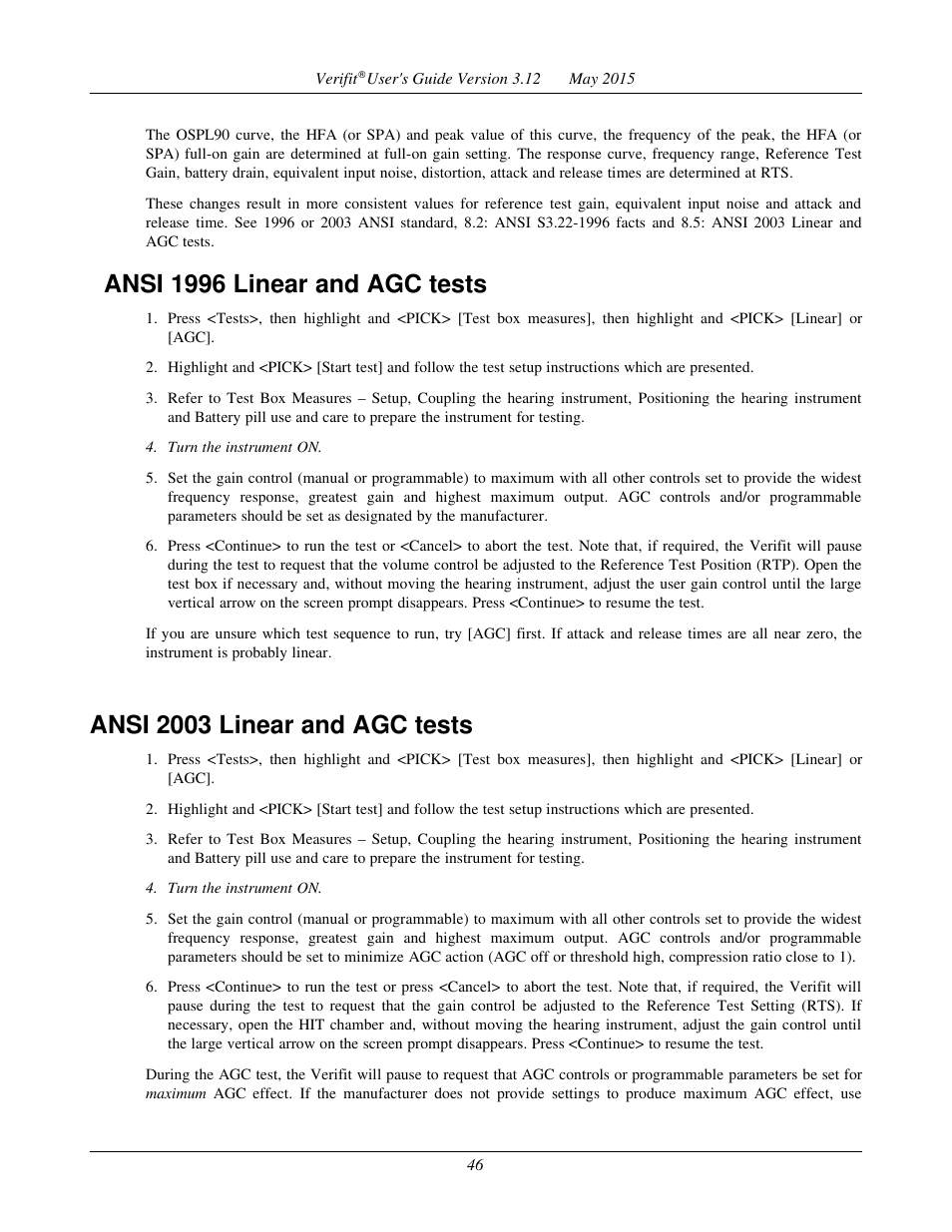 Ansi 1996 linear and agc tests, Ansi 2003 linear and agc tests | Audioscan Verifit User Manual | Page 46 / 155