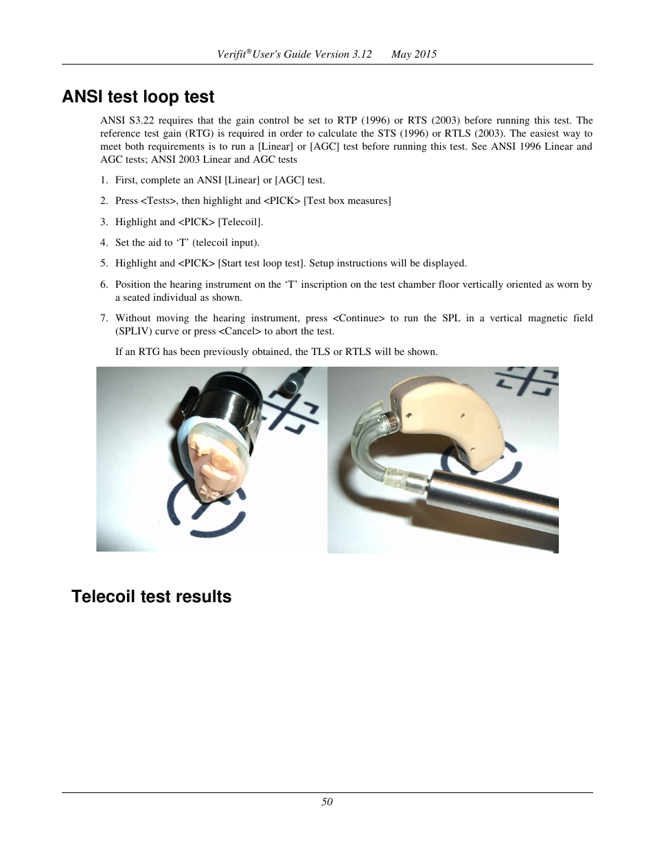 Ansi test loop test, Telecoil test results | Audioscan Verifit User Manual | Page 50 / 155