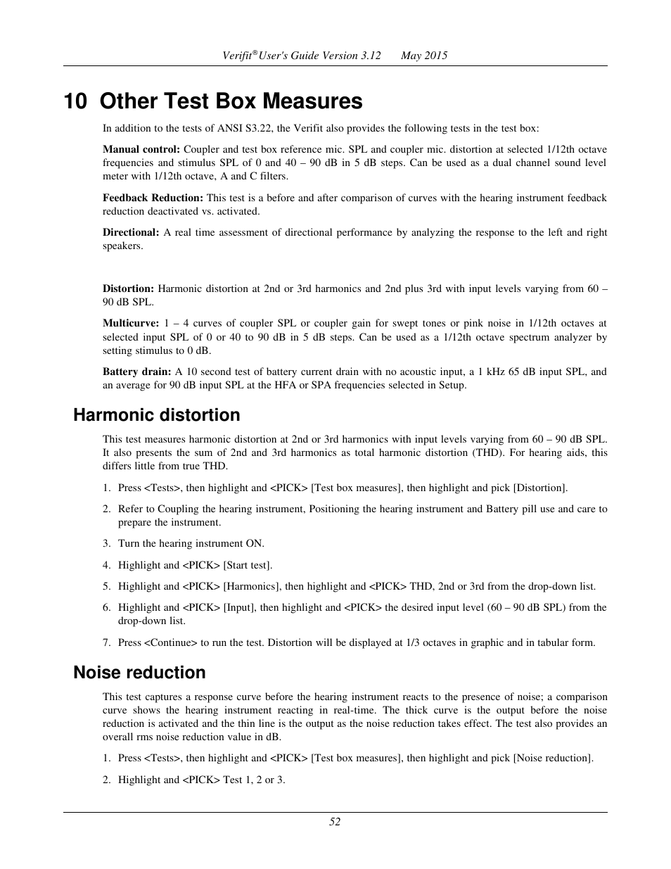 10 other test box measures, Harmonic distortion, Noise reduction | Audioscan Verifit User Manual | Page 52 / 155