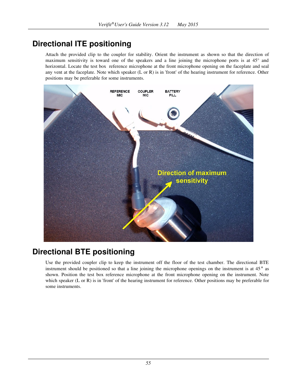 Directional ite positioning, Directional bte positioning | Audioscan Verifit User Manual | Page 55 / 155