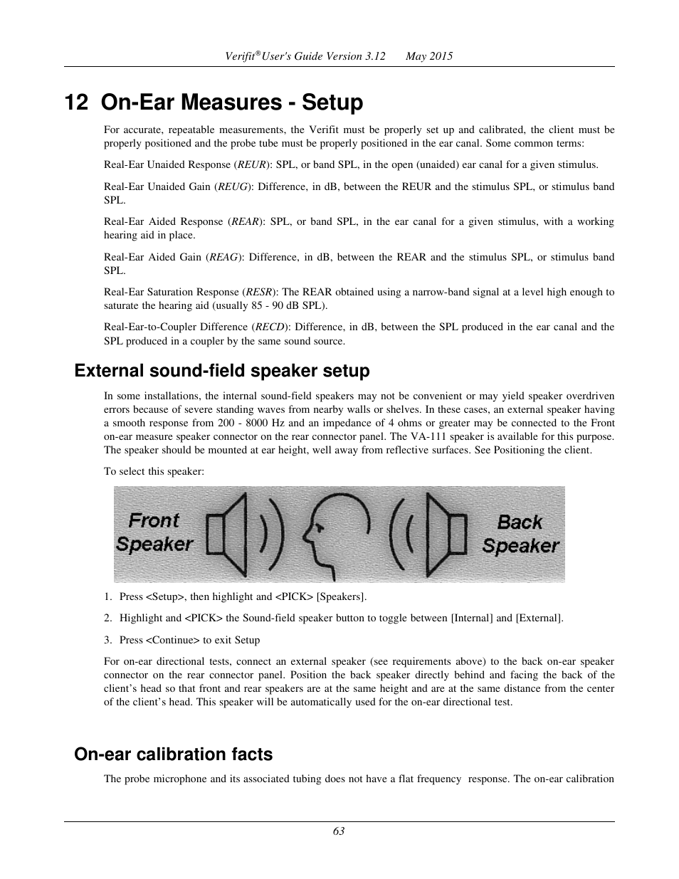 12 on-ear measures - setup, External sound-field speaker setup, On-ear calibration facts | Audioscan Verifit User Manual | Page 63 / 155