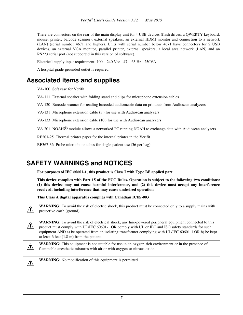 Associated items and supplies, Safety warnings and notices | Audioscan Verifit User Manual | Page 7 / 155