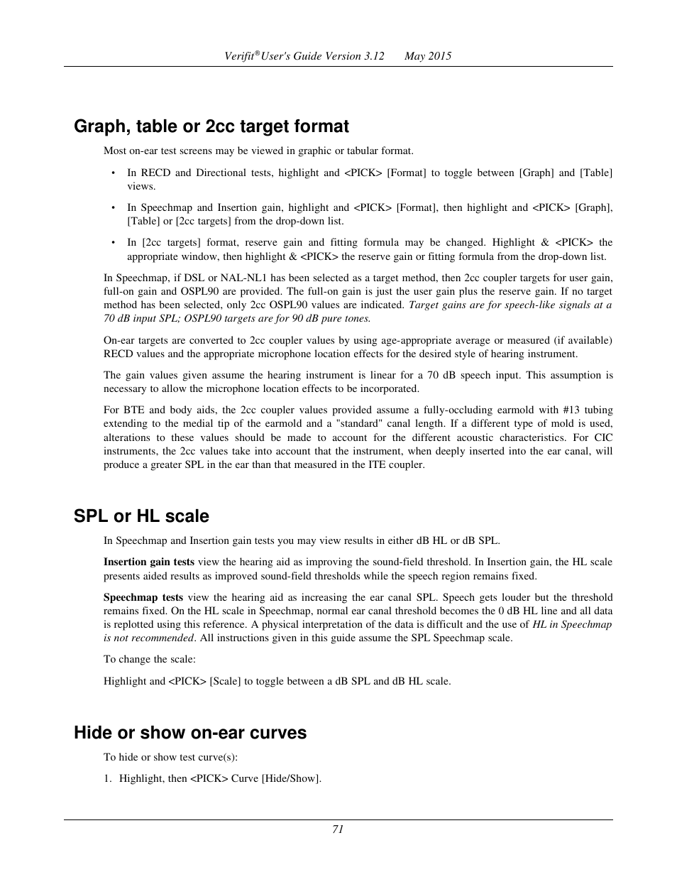 Graph, table or 2cc target format, Spl or hl scale, Hide or show on-ear curves | Audioscan Verifit User Manual | Page 71 / 155