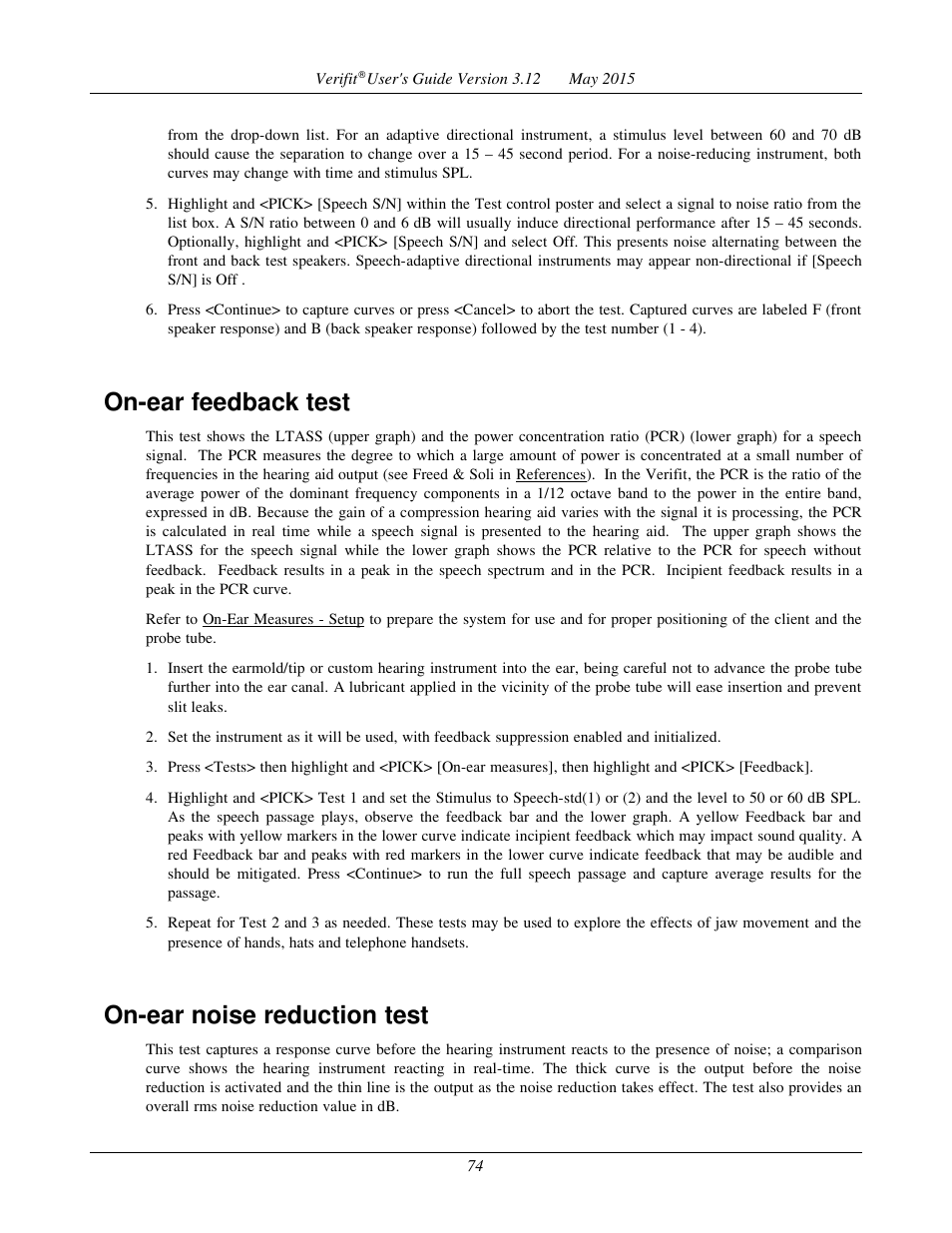 On-ear feedback test, On-ear noise reduction test | Audioscan Verifit User Manual | Page 74 / 155