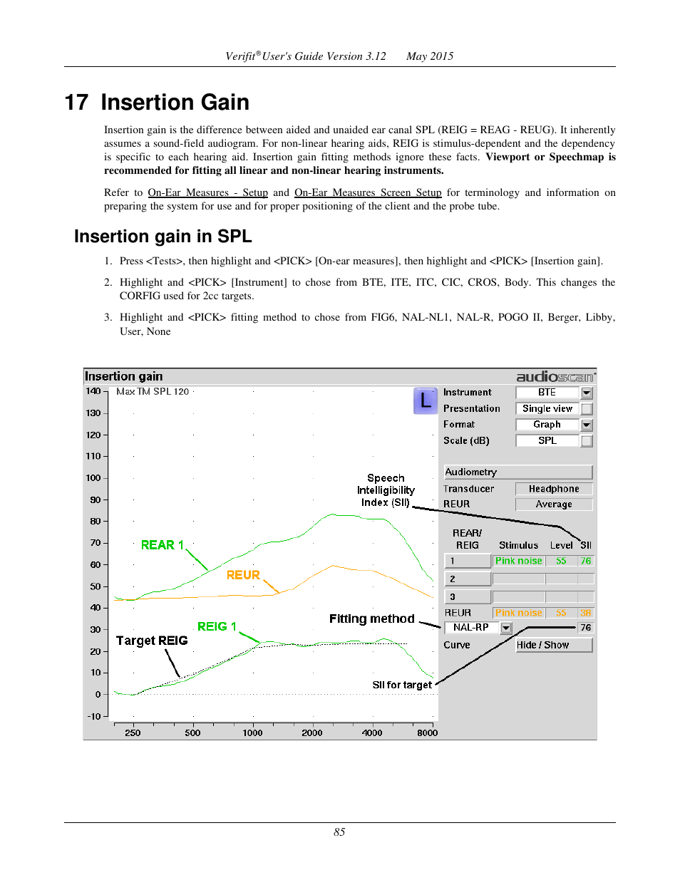 17 insertion gain, Insertion gain in spl | Audioscan Verifit User Manual | Page 85 / 155