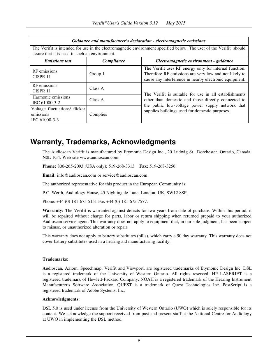 Warranty, trademarks, acknowledgments | Audioscan Verifit User Manual | Page 9 / 155