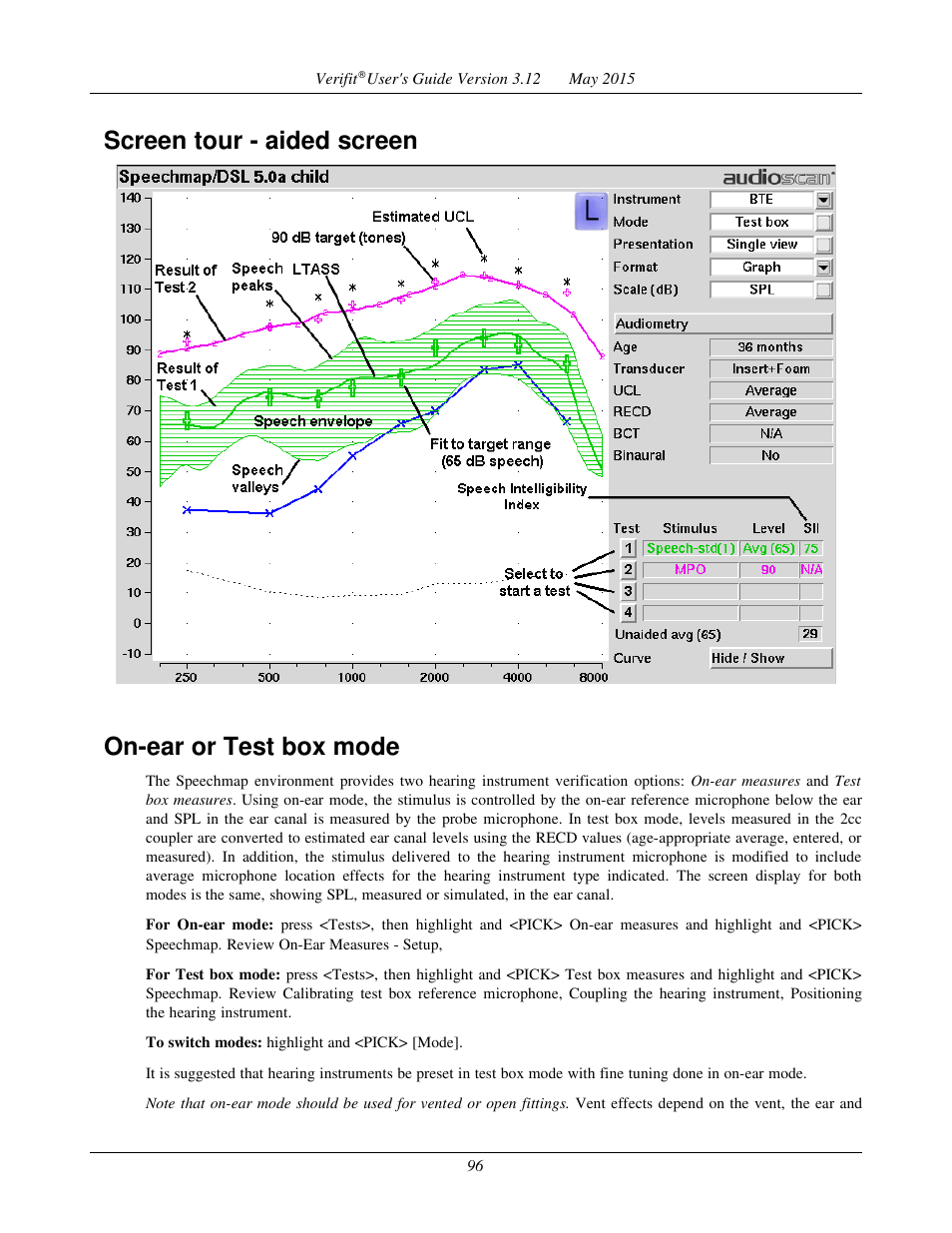 Screen tour - aided screen, On-ear or test box mode, Screen tour - aided screen on-ear or test box mode | Audioscan Verifit User Manual | Page 96 / 155
