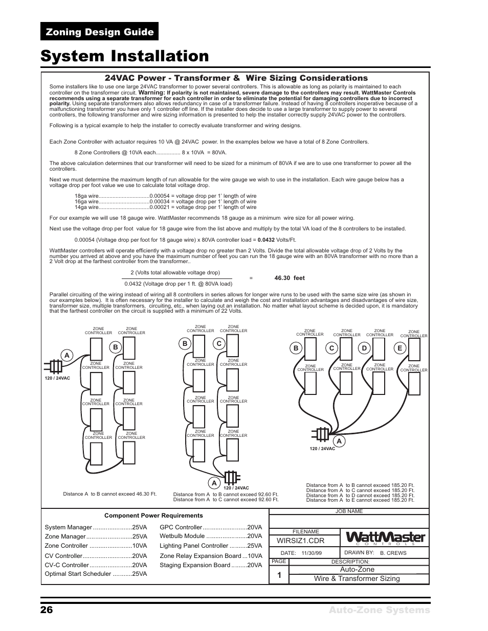System installation, 26 auto-zone systems zoning design guide, Wire & transformer sizing | Wirsiz1.cdr auto-zone | Auto-Zone Control Systems Zoning Design Guide (Version 01B) User Manual | Page 26 / 28