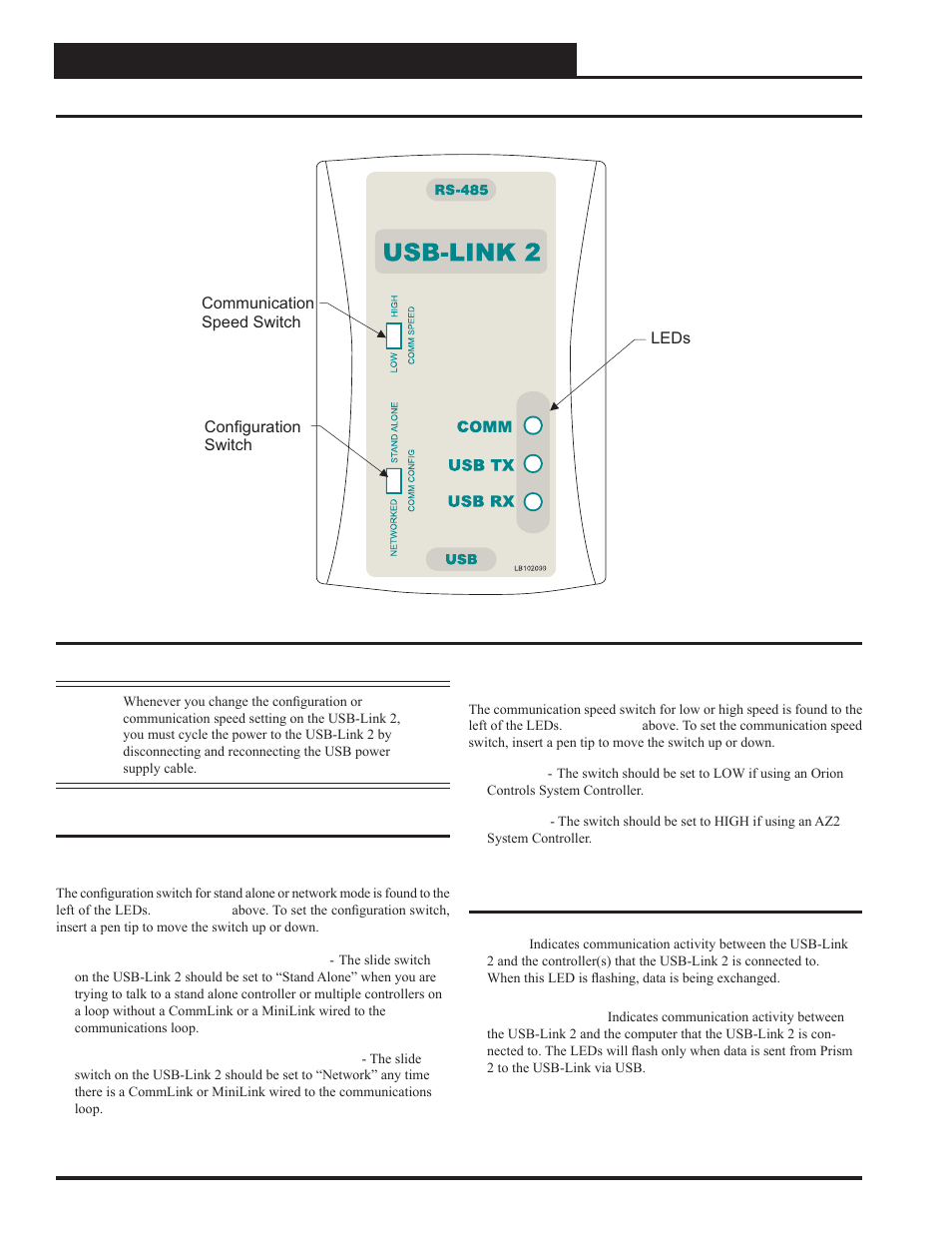 Communication settings and led descriptions, Usb-link 2 10 technical guide, Usb-link 2 led descriptions | Usb-link 2 switch settings | Auto-Zone Control Systems USB-Link 2 Technical Guide, Installation Instructions for the USB-Link 2 (Version 01E) User Manual | Page 10 / 19