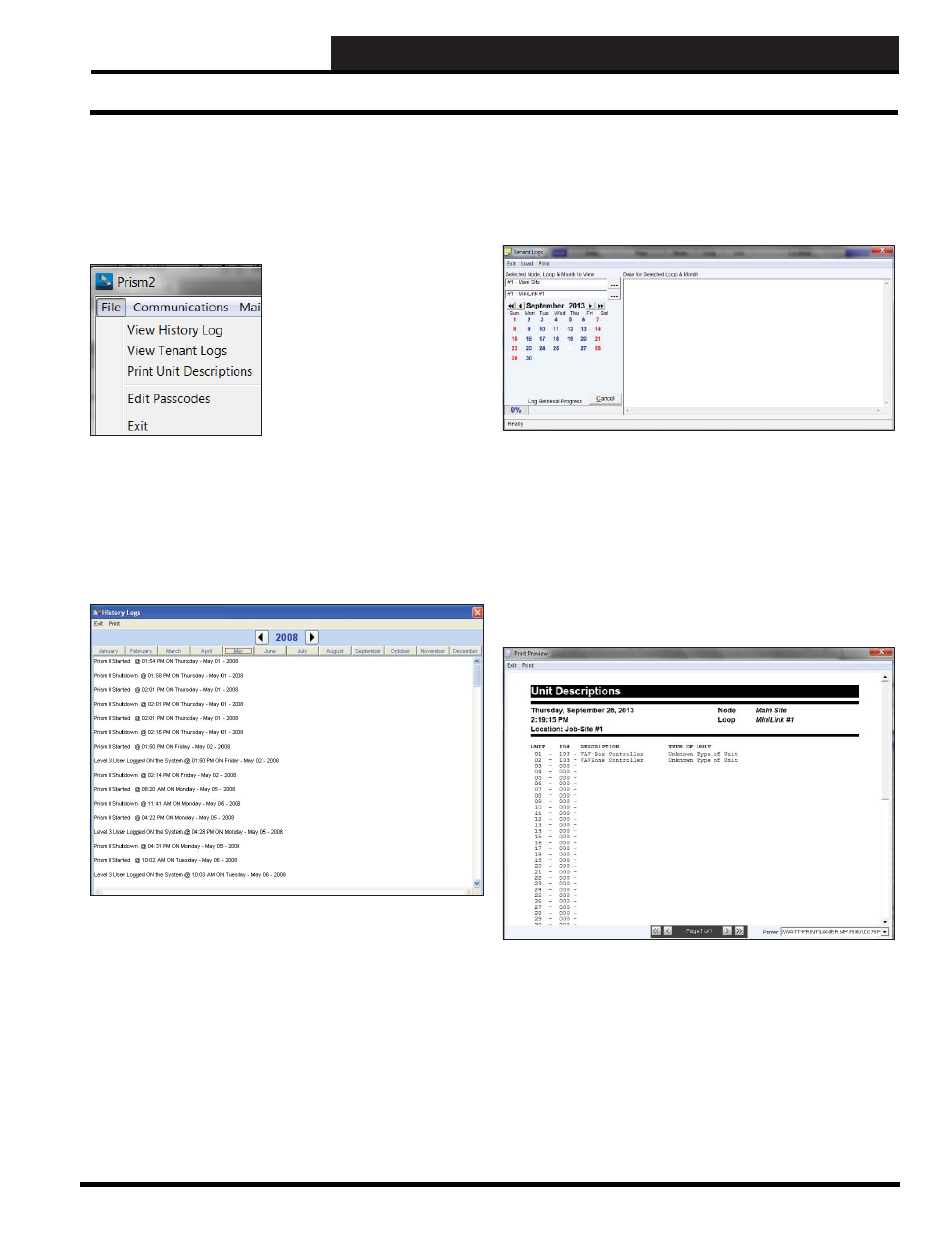 Step 10: trend logging & printing, Viewing history and tenant logs, Prism 2 technical guide 31 | File menu, View history log, View tenant logs, Print unit descriptions | Auto-Zone Control Systems Prism 2 Graphical Interface Technical Guide (Version 01J) User Manual | Page 31 / 52