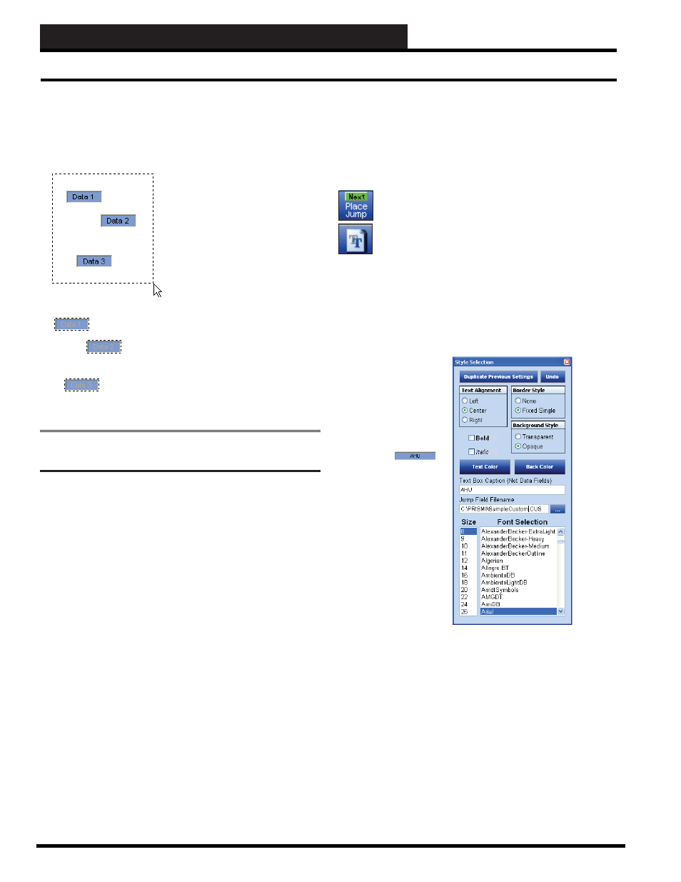 Step 12: creating custom screens, Miscellaneous edit functions, Placing a jump field | Auto-Zone Control Systems Prism 2 Graphical Interface Technical Guide (Version 01J) User Manual | Page 36 / 52