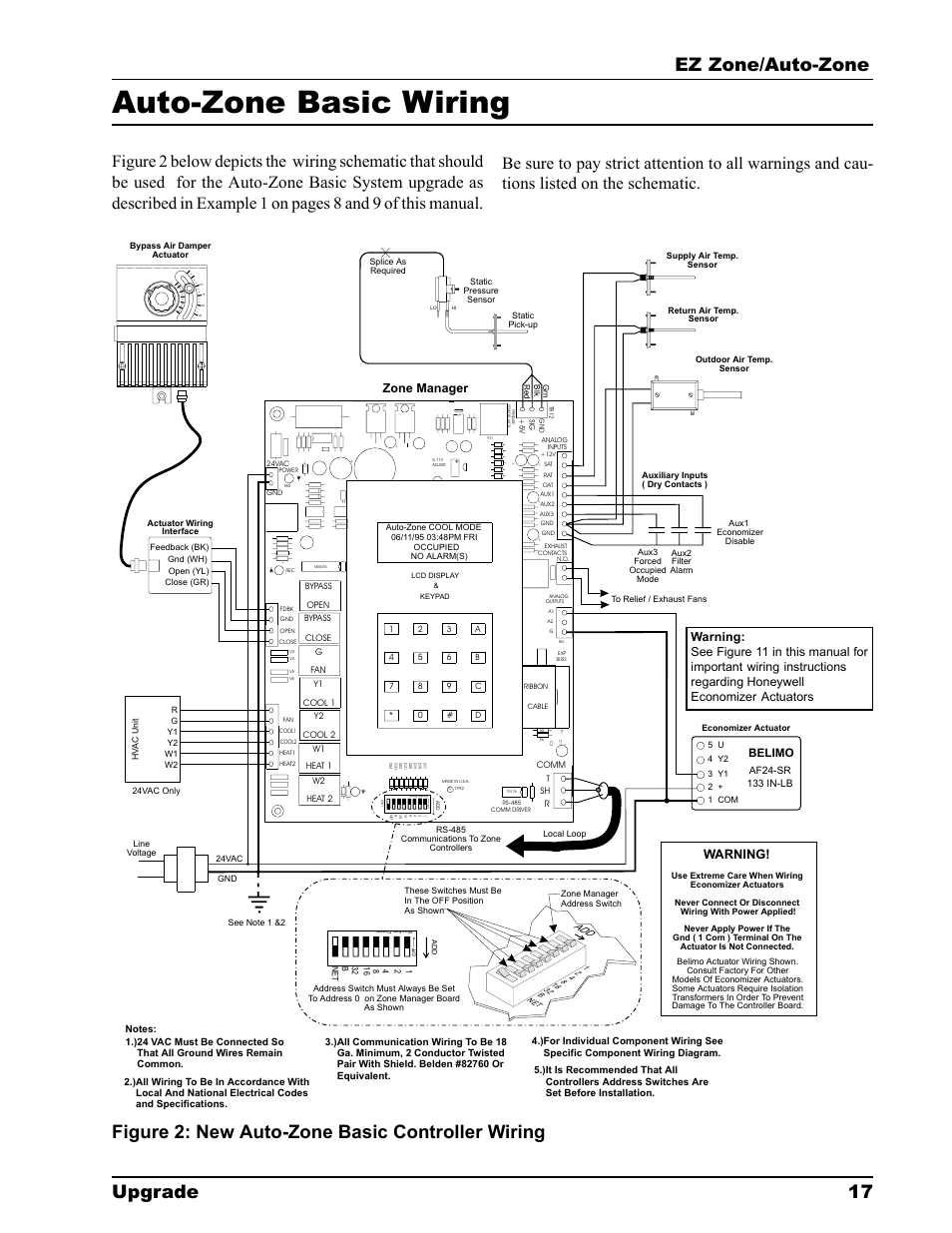 Auto-zone basic wiring, Ez zone/auto-zone upgrade 17, Figure 2: new auto-zone basic controller wiring | Zone manager, Warning, Belimo | Auto-Zone Control Systems EZ-Zone to Auto-Zone Upgrade Guide (Version 01C) User Manual | Page 17 / 34