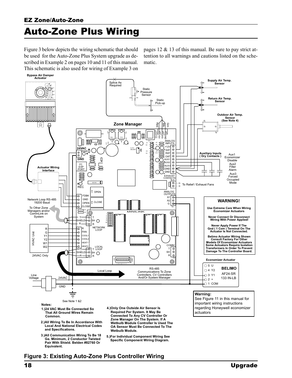 Auto-zone plus wiring, Ez zone/auto-zone 18 upgrade, Zone manager | Warning, Belimo | Auto-Zone Control Systems EZ-Zone to Auto-Zone Upgrade Guide (Version 01C) User Manual | Page 18 / 34