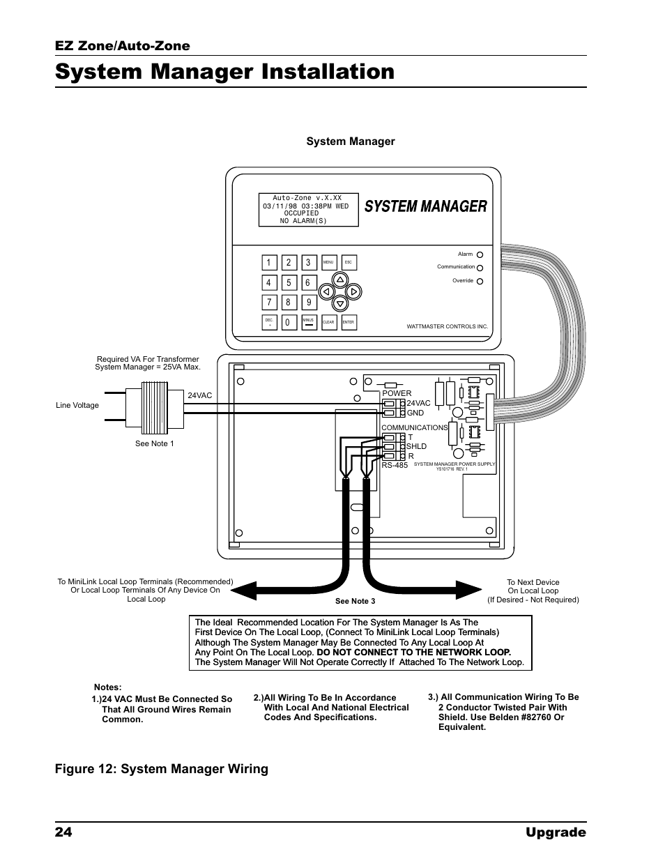 System manager installation, Ez zone/auto-zone 24 upgrade, Figure 12: system manager wiring | System manager | Auto-Zone Control Systems EZ-Zone to Auto-Zone Upgrade Guide (Version 01C) User Manual | Page 24 / 34