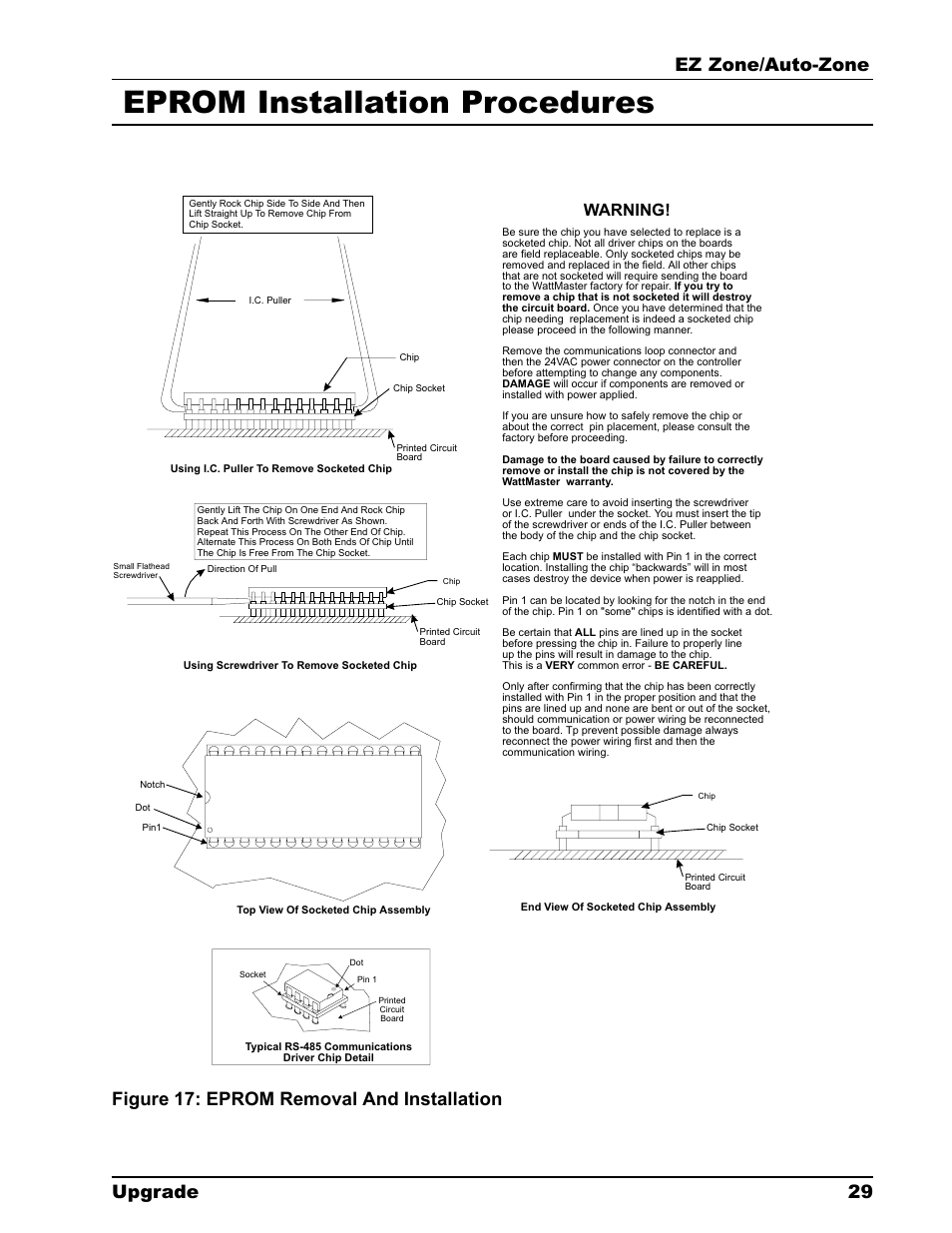 Eprom installation procedures, Ez zone/auto-zone upgrade 29, Figure 17: eprom removal and installation | Warning | Auto-Zone Control Systems EZ-Zone to Auto-Zone Upgrade Guide (Version 01C) User Manual | Page 29 / 34