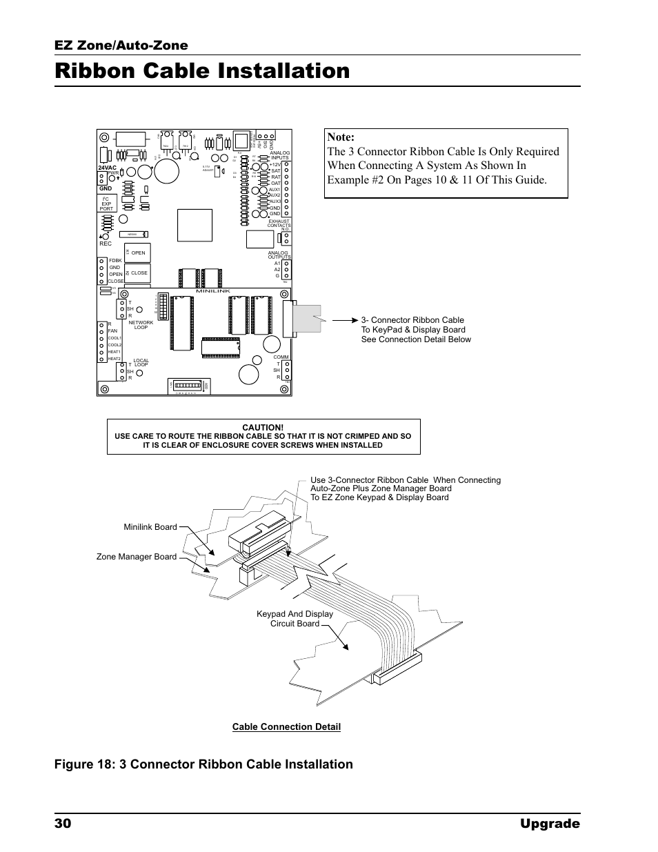 Ribbon cable installation, Ez zone/auto-zone 30 upgrade, Figure 18: 3 connector ribbon cable installation | Cable connection detail, Caution | Auto-Zone Control Systems EZ-Zone to Auto-Zone Upgrade Guide (Version 01C) User Manual | Page 30 / 34