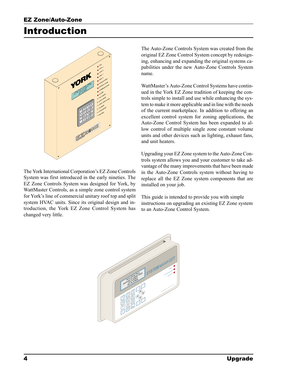 Introduction, Yo rk, Ez zone/auto-zone 4 upgrade | Manager system | Auto-Zone Control Systems EZ-Zone to Auto-Zone Upgrade Guide (Version 01C) User Manual | Page 4 / 34