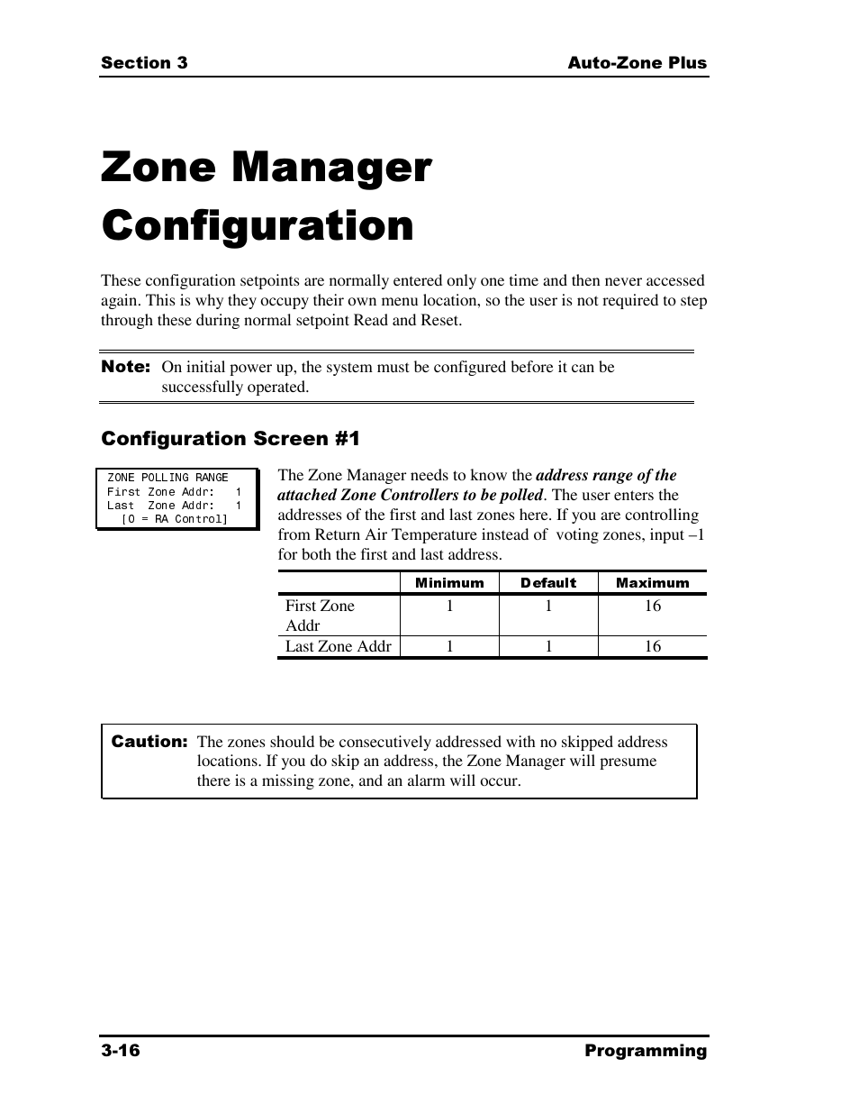 Zone manager configuration, Minimum default maximum | Auto-Zone Control Systems Auto-Zone Plus Systems Installation & Operation (Version 03A) User Manual | Page 102 / 210