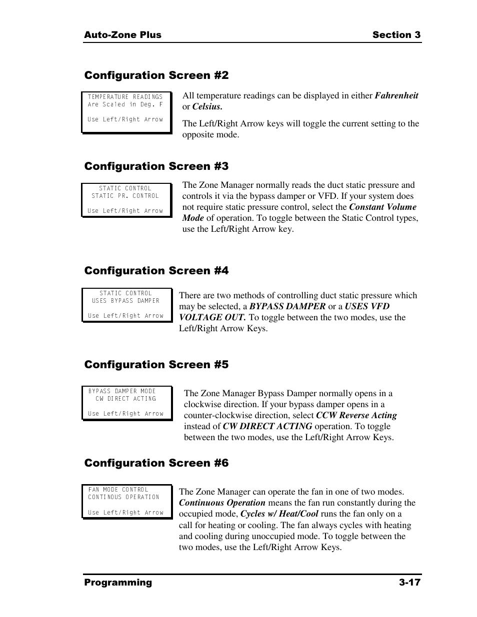Configuration screen #2, Configuration screen #3, Configuration screen #4 | Configuration screen #5, Configuration screen #6 | Auto-Zone Control Systems Auto-Zone Plus Systems Installation & Operation (Version 03A) User Manual | Page 103 / 210