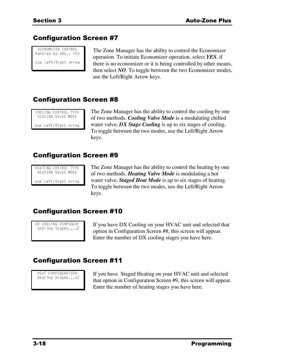 Configuration screen #7 configuration screen #8, Configuration screen #9, Configuration screen #10 | Configuration screen #11 | Auto-Zone Control Systems Auto-Zone Plus Systems Installation & Operation (Version 03A) User Manual | Page 104 / 210