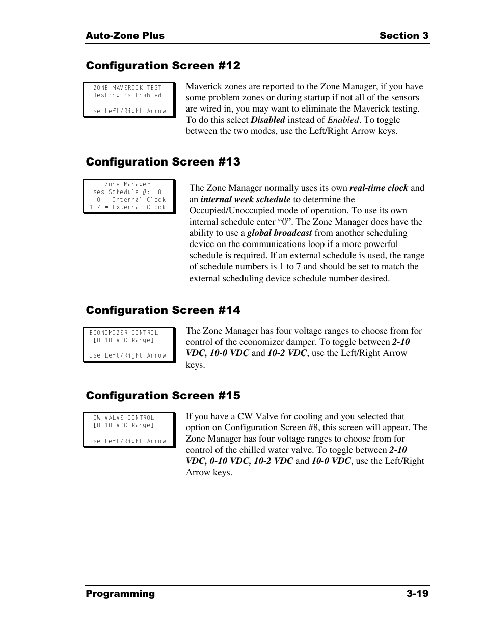 Configuration screen #12, Configuration screen #13, Configuration screen #14 | Configuration screen #15 | Auto-Zone Control Systems Auto-Zone Plus Systems Installation & Operation (Version 03A) User Manual | Page 105 / 210