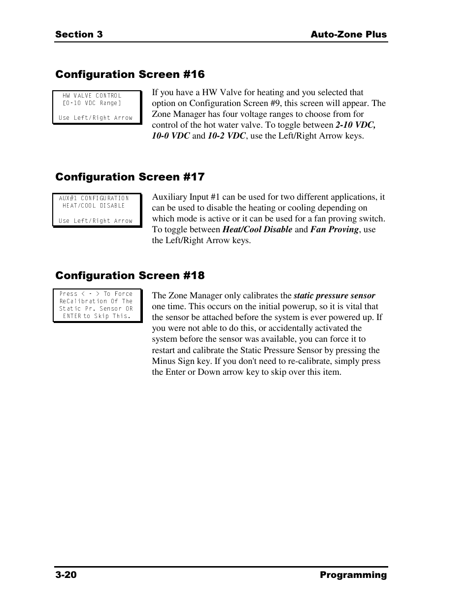 Configuration screen #16, Configuration screen #17, Configuration screen #18 | Auto-Zone Control Systems Auto-Zone Plus Systems Installation & Operation (Version 03A) User Manual | Page 106 / 210