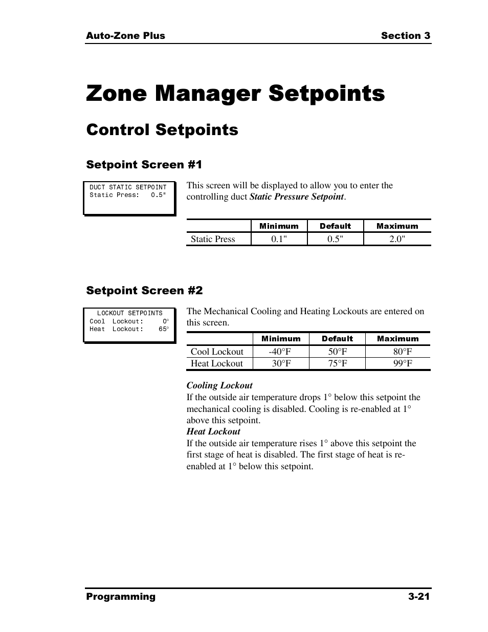 Zone manager setpoints, Control setpoints, Minimum default maximum | Auto-Zone Control Systems Auto-Zone Plus Systems Installation & Operation (Version 03A) User Manual | Page 107 / 210