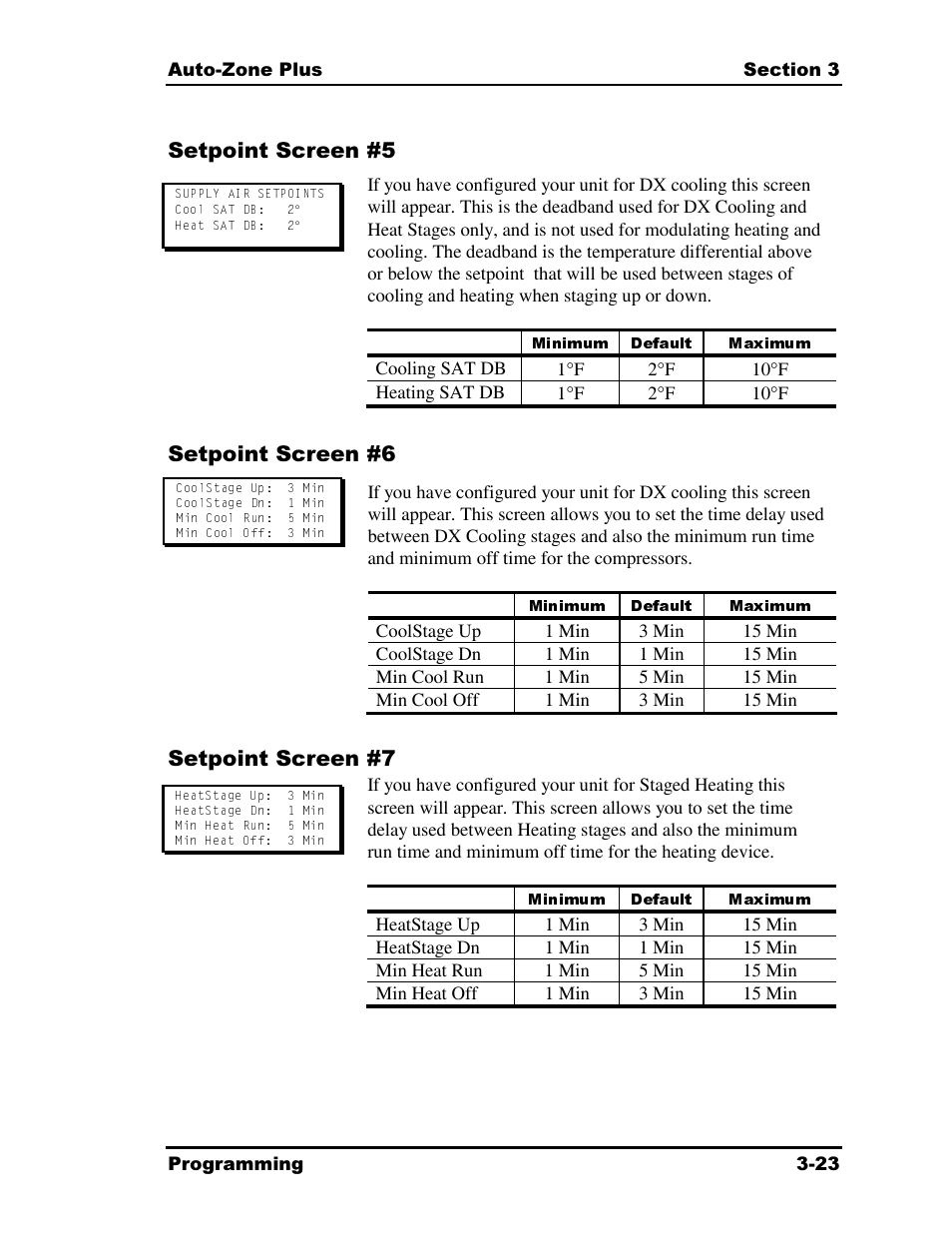 Minimum default maximum, Setpoint screen #5, Setpoint screen #6 | Setpoint screen #7 | Auto-Zone Control Systems Auto-Zone Plus Systems Installation & Operation (Version 03A) User Manual | Page 109 / 210